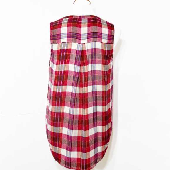 Lucky Brand Colorful Plaid Sleeveless Buttondown Tunic Top, Red Pink White - Picture 4 of 10